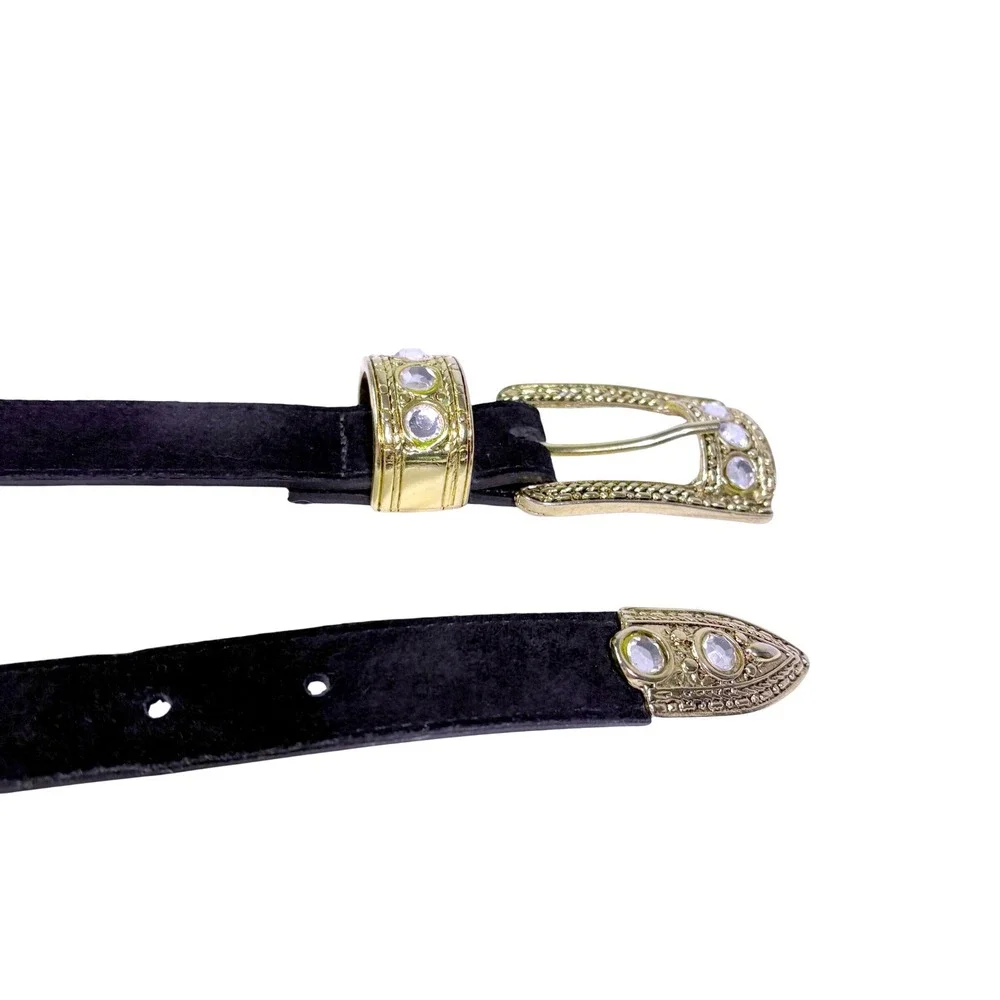 Western Belt Womens L 32 Black Rhinestone Gold Tone Suede Leather Cowgirl Vtg
